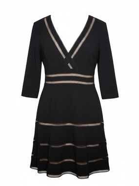 SHAN Black V-Neck Fit-and-Flare Dress with Sheer Banding Size 14